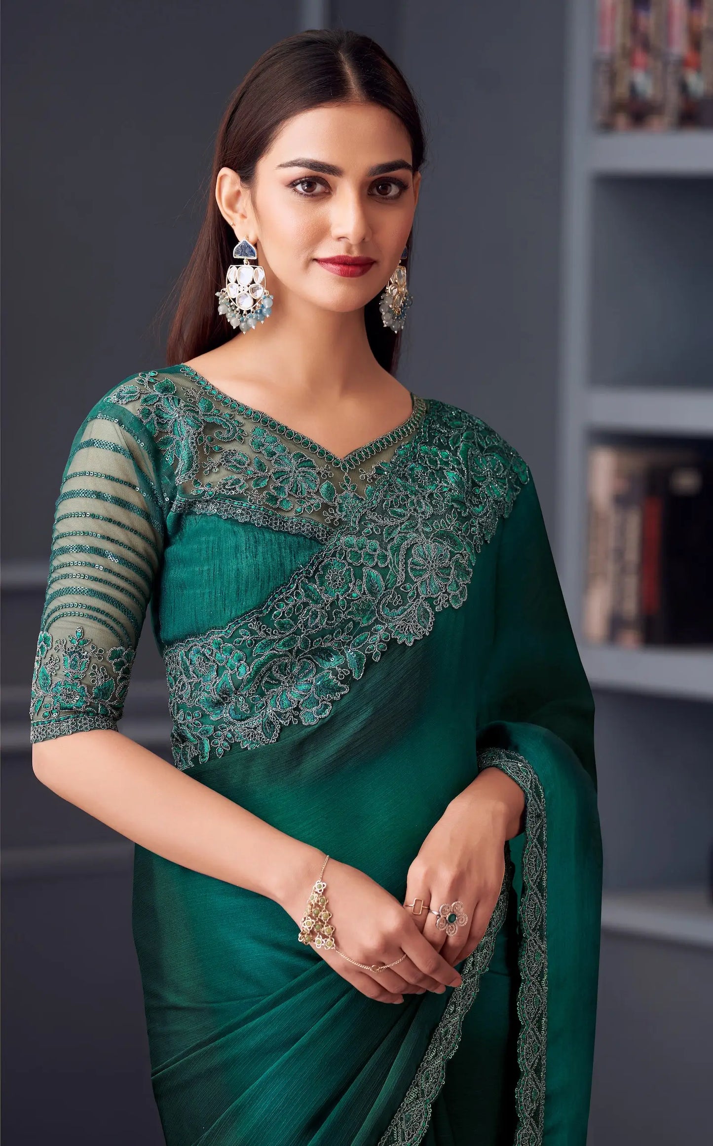 Green Satin Chiffon Silk Party Wear Saree With Thread & Sequins Embroidery Work