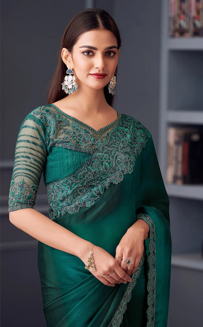 Green Satin Chiffon Silk Party Wear Saree With Thread & Sequins Embroidery Work