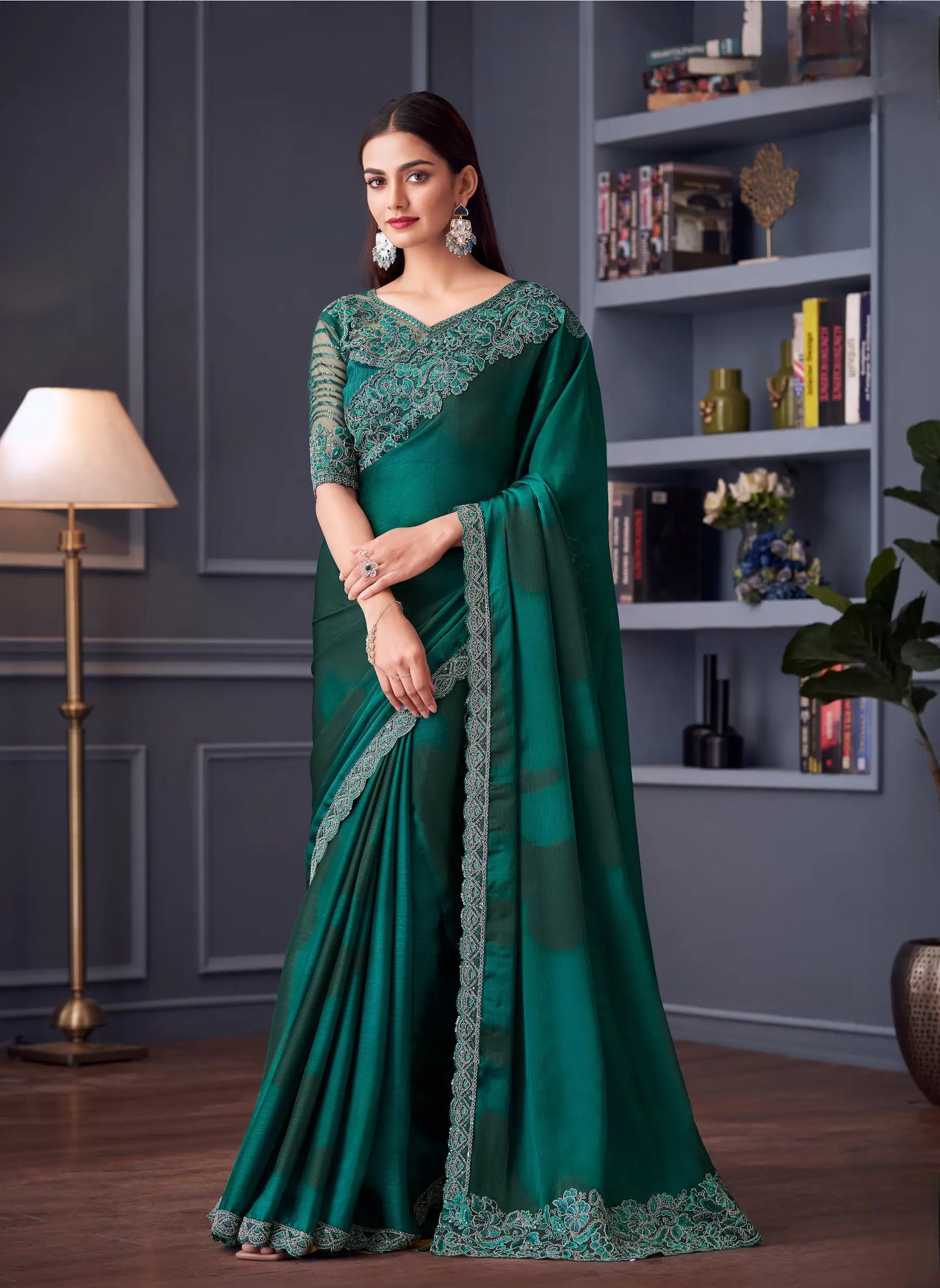 Green Satin Chiffon Silk Party Wear Saree With Thread & Sequins Embroidery Work