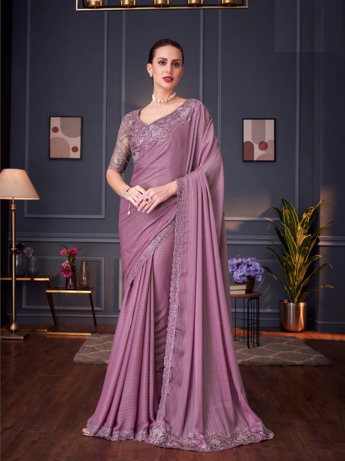 Dusty Pink Rainbow Shimmer Silk Party Wear Saree With Thread & Sequins Embroidery Work