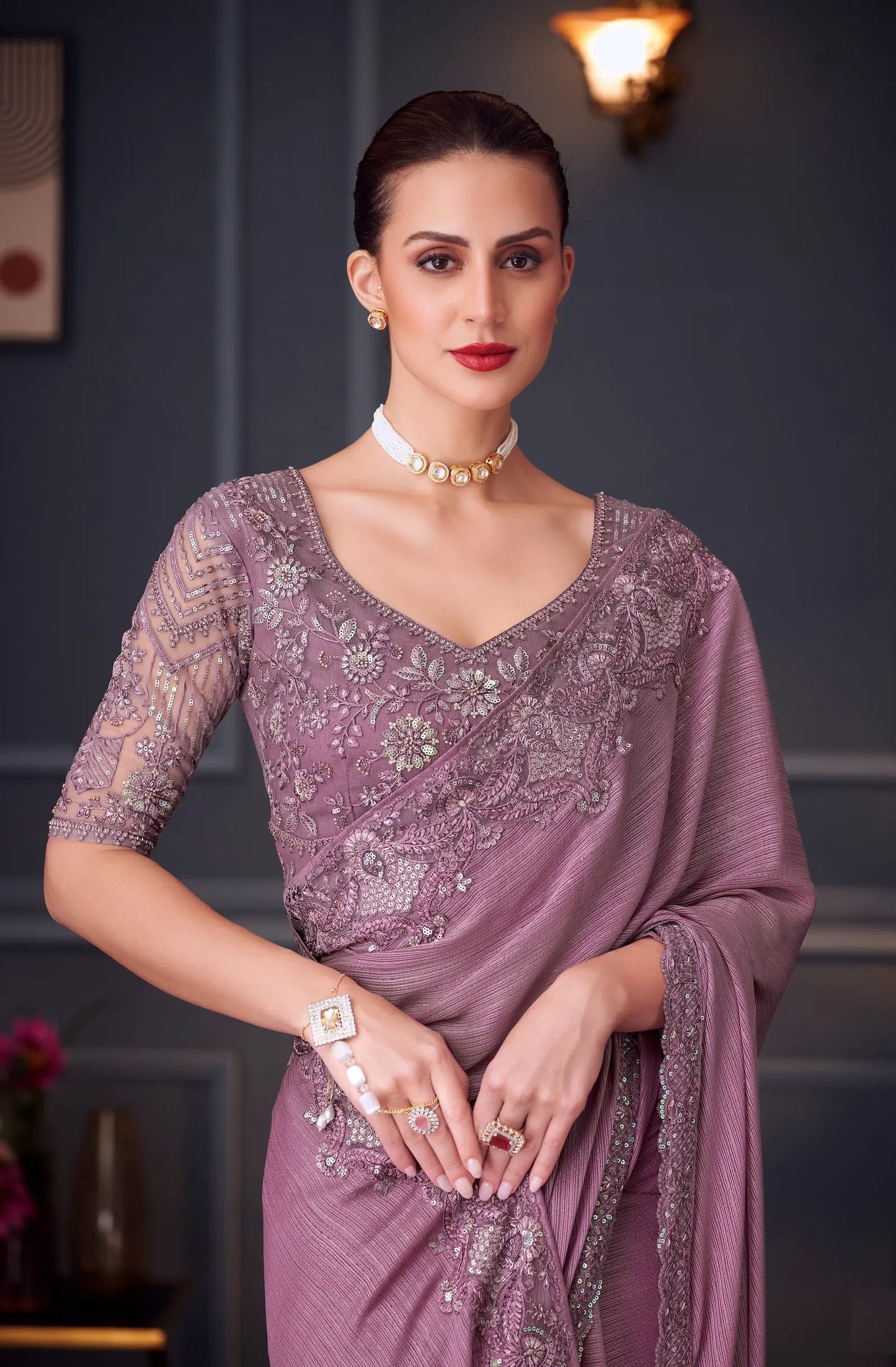 Dusty Pink Rainbow Shimmer Silk Party Wear Saree With Thread & Sequins Embroidery Work