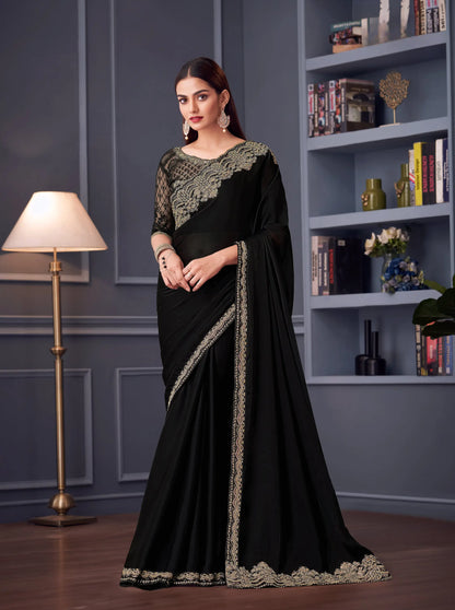 Black Satin Chiffon Silk Party Wear Saree With Thread & Sequins Embroidery Work
