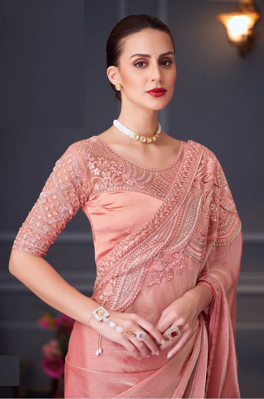 Peach Glass Chiffon Silk Party Wear Saree With Thread & Sequins Embroidery Work