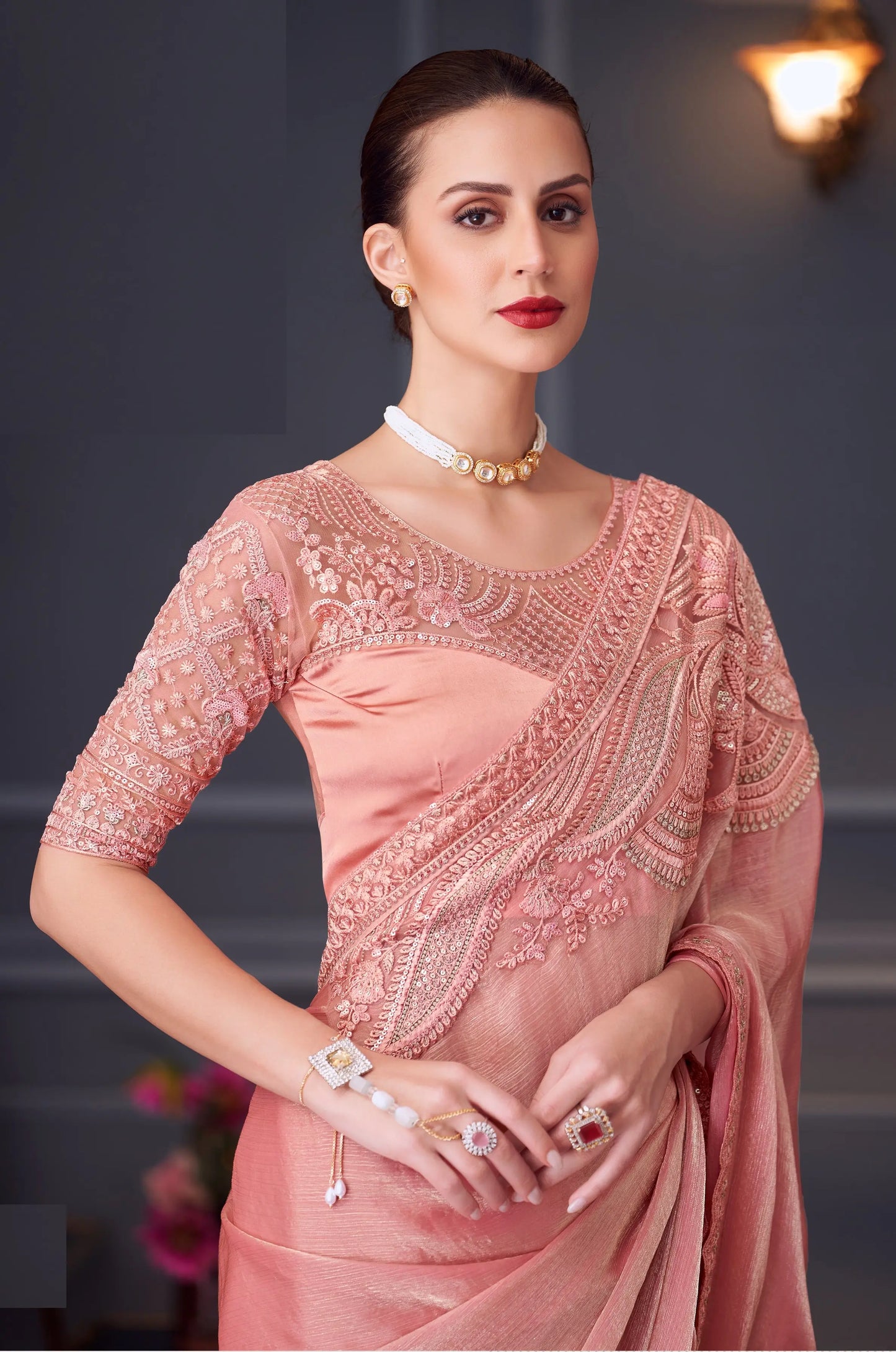 Peach Glass Chiffon Silk Party Wear Saree With Thread & Sequins Embroidery Work