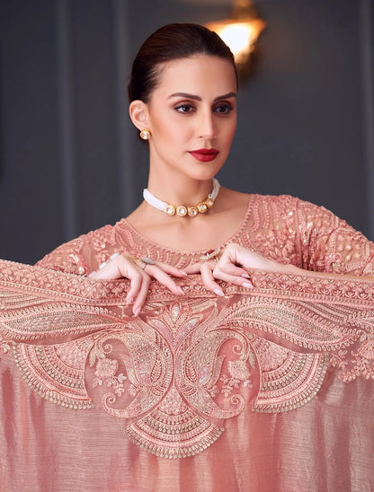 Peach Glass Chiffon Silk Party Wear Saree With Thread & Sequins Embroidery Work