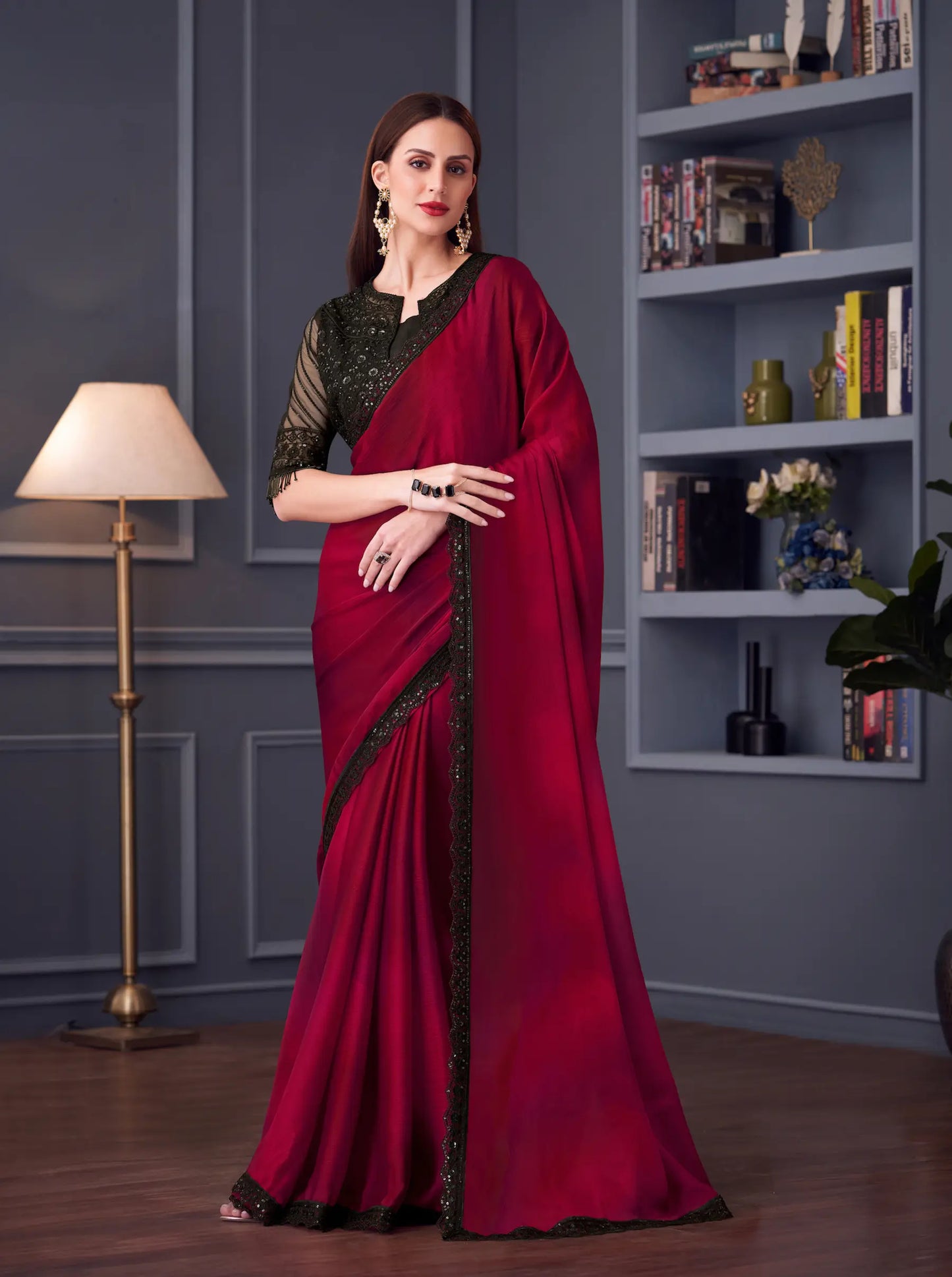 Red Satin Chiffon Silk Party Wear Jacket Saree With Thread & Sequins Embroidery Work