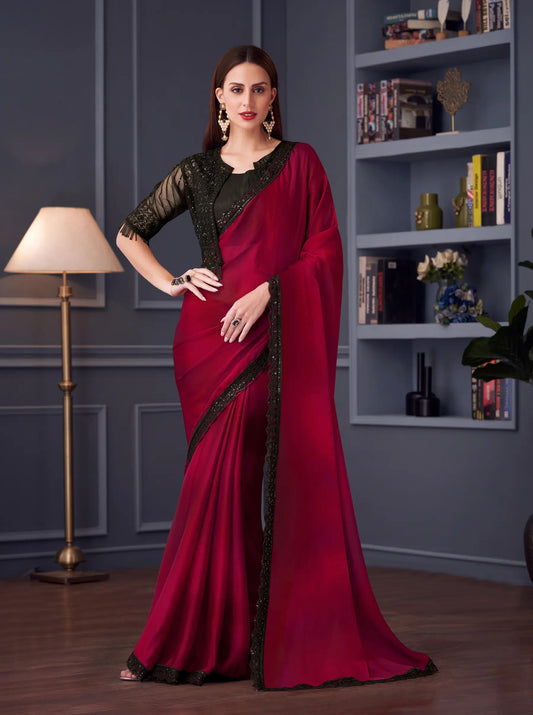 Red Satin Chiffon Silk Party Wear Jacket Saree With Thread & Sequins Embroidery Work