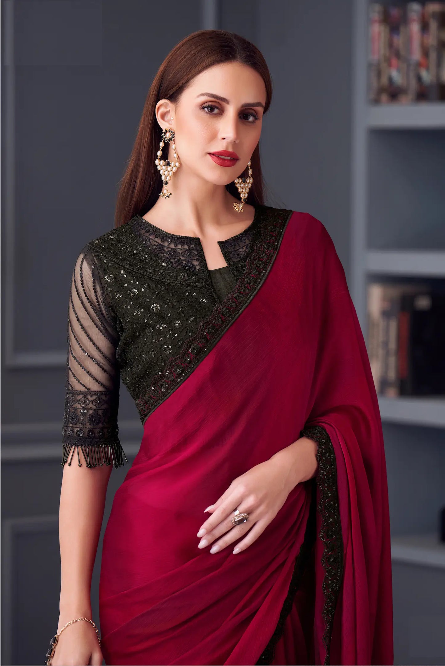 Red Satin Chiffon Silk Party Wear Jacket Saree With Thread & Sequins Embroidery Work