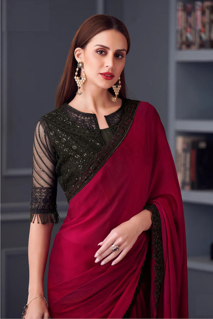 Red Satin Chiffon Silk Party Wear Jacket Saree With Thread & Sequins Embroidery Work