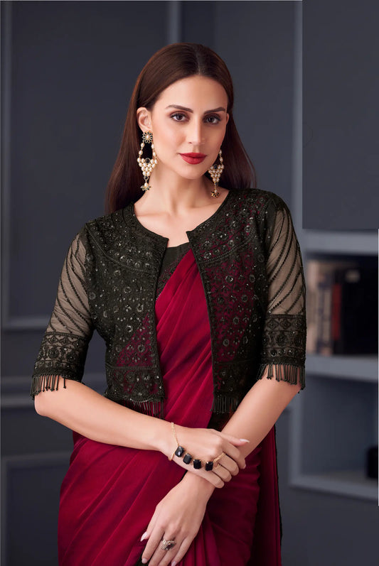 Red Satin Chiffon Silk Party Wear Jacket Saree With Thread & Sequins Embroidery Work