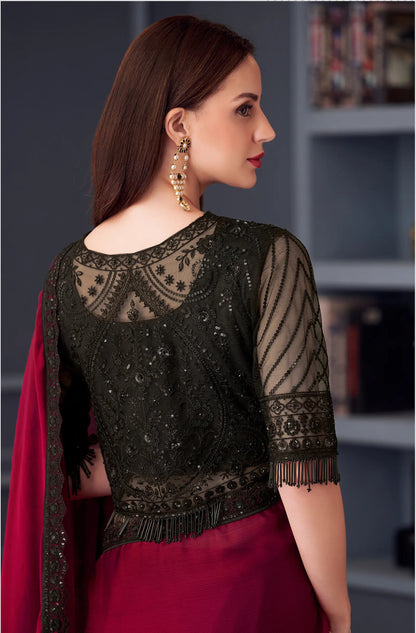 Red Satin Chiffon Silk Party Wear Jacket Saree With Thread & Sequins Embroidery Work