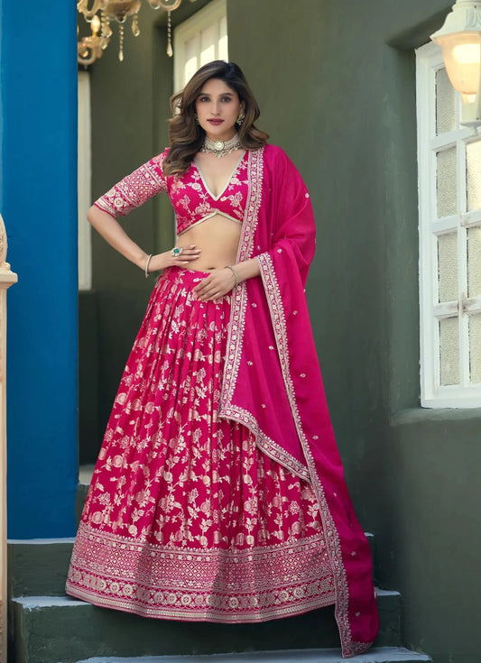 Hot Pink Dola Silk Embroidery Lehenga Choli