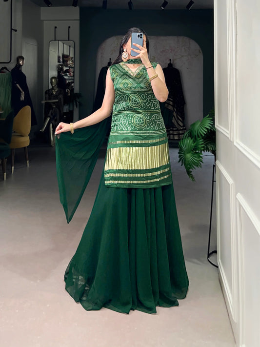 Green Gaji Silk Palazzo Salwar Suit With Print & Hand Work