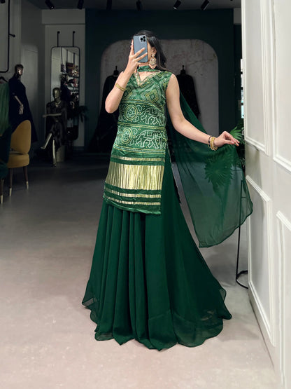 Green Gaji Silk Palazzo Salwar Suit With Print & Hand Work