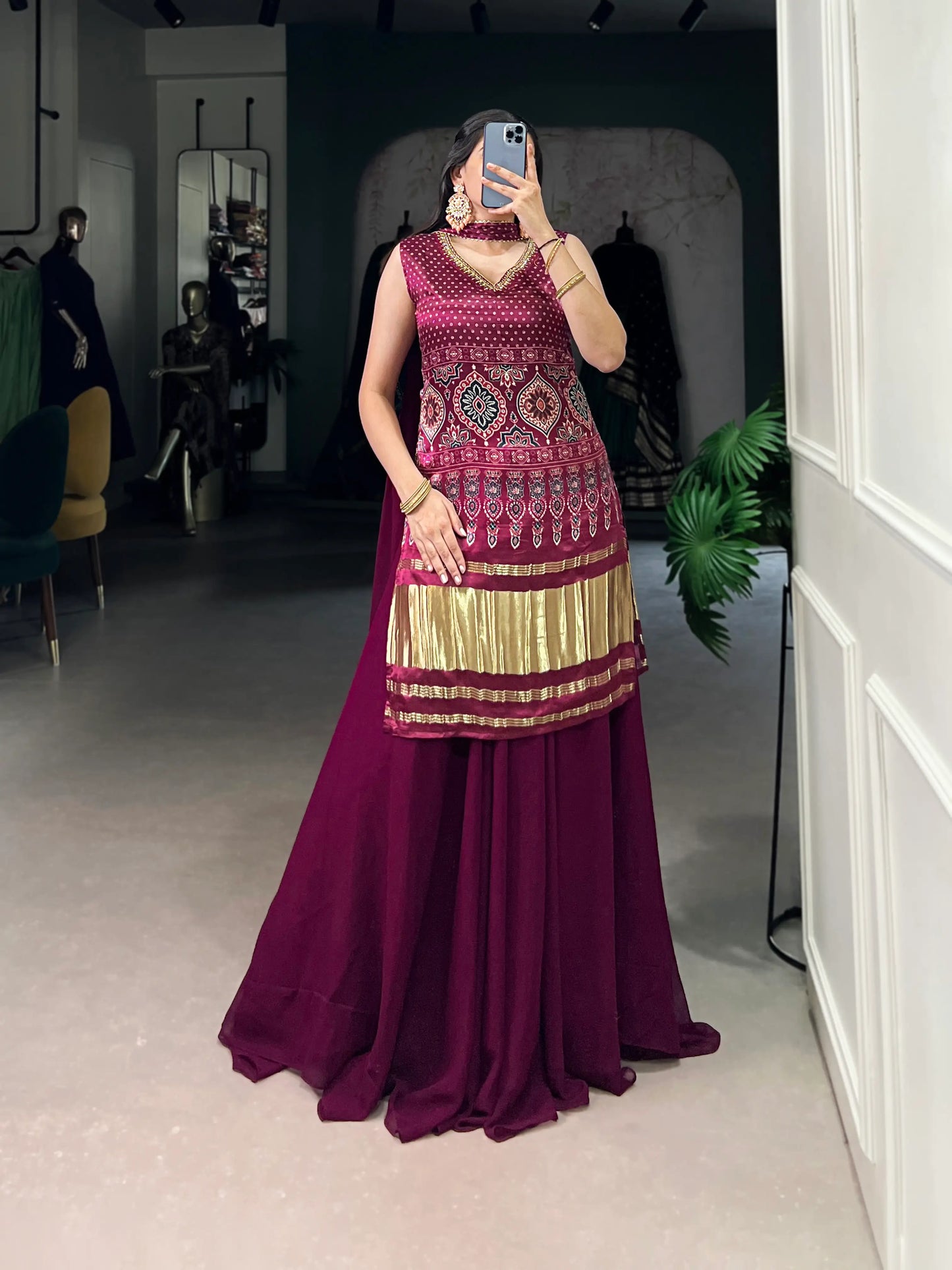 Maroon Gaji Silk Palazzo Salwar Suit With Print & Hand Work