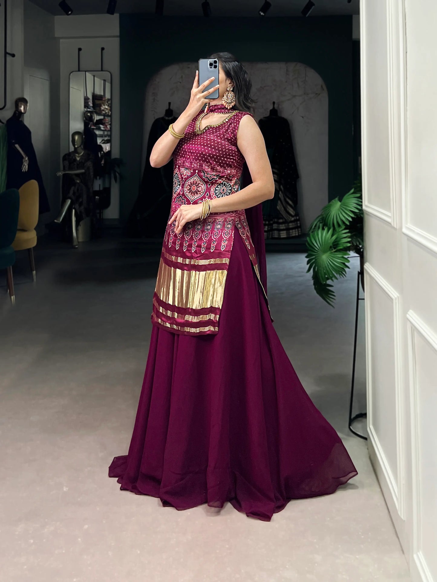 Maroon Gaji Silk Palazzo Salwar Suit With Print & Hand Work