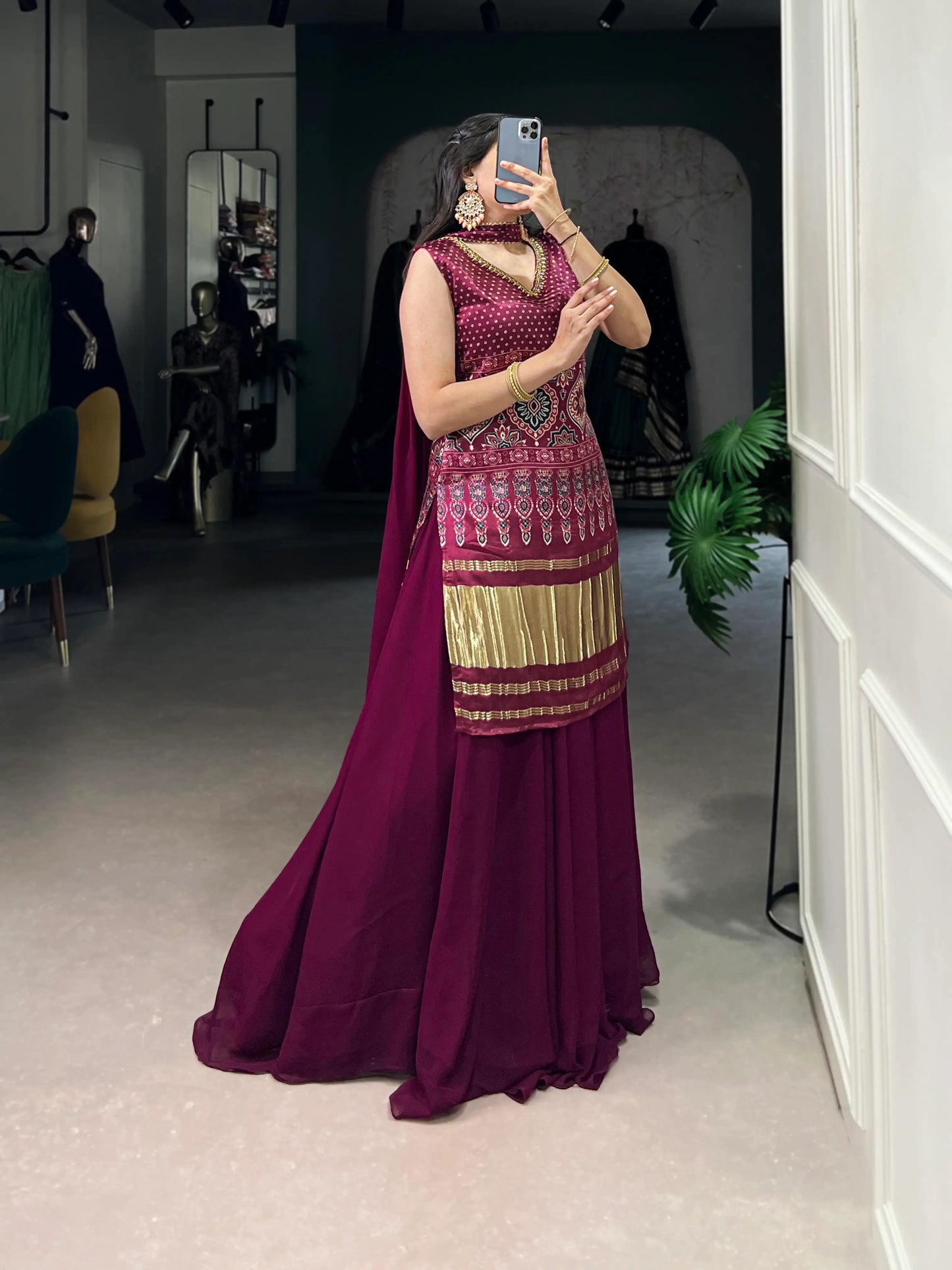 Maroon Gaji Silk Palazzo Salwar Suit With Print & Hand Work