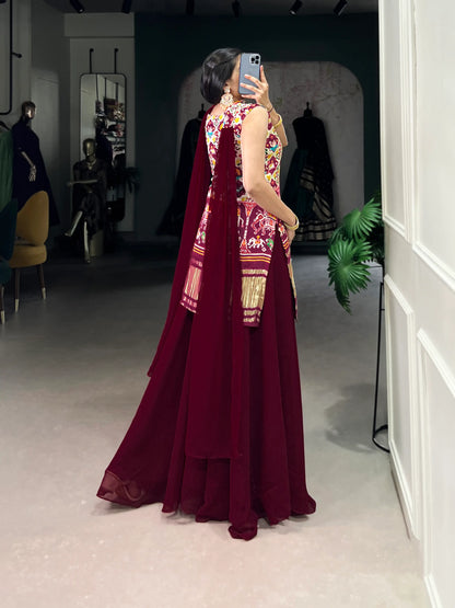 Dark Red Gaji Silk Palazzo Salwar Suit With Print & Hand Work