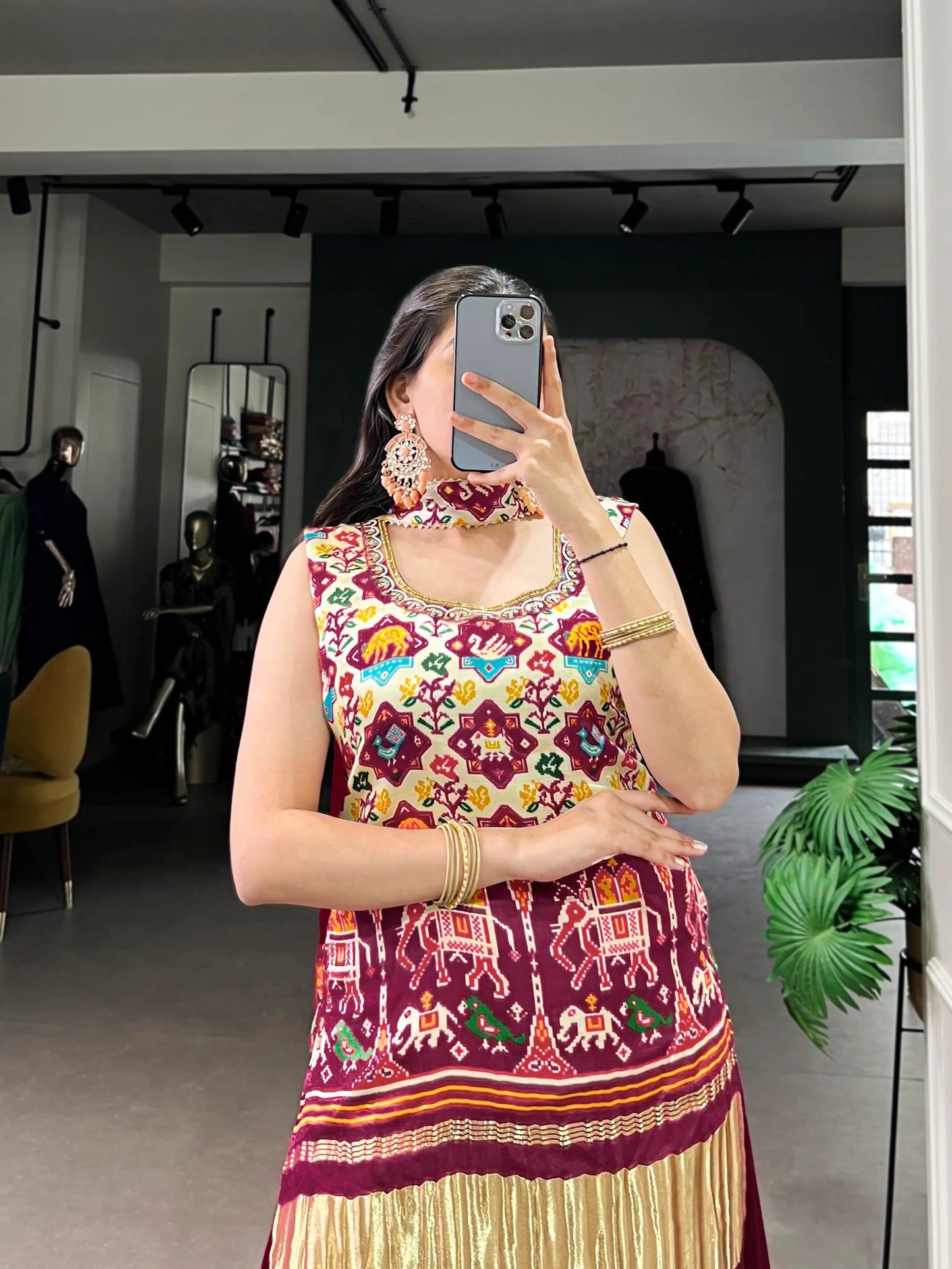 Dark Red Gaji Silk Palazzo Salwar Suit With Print & Hand Work