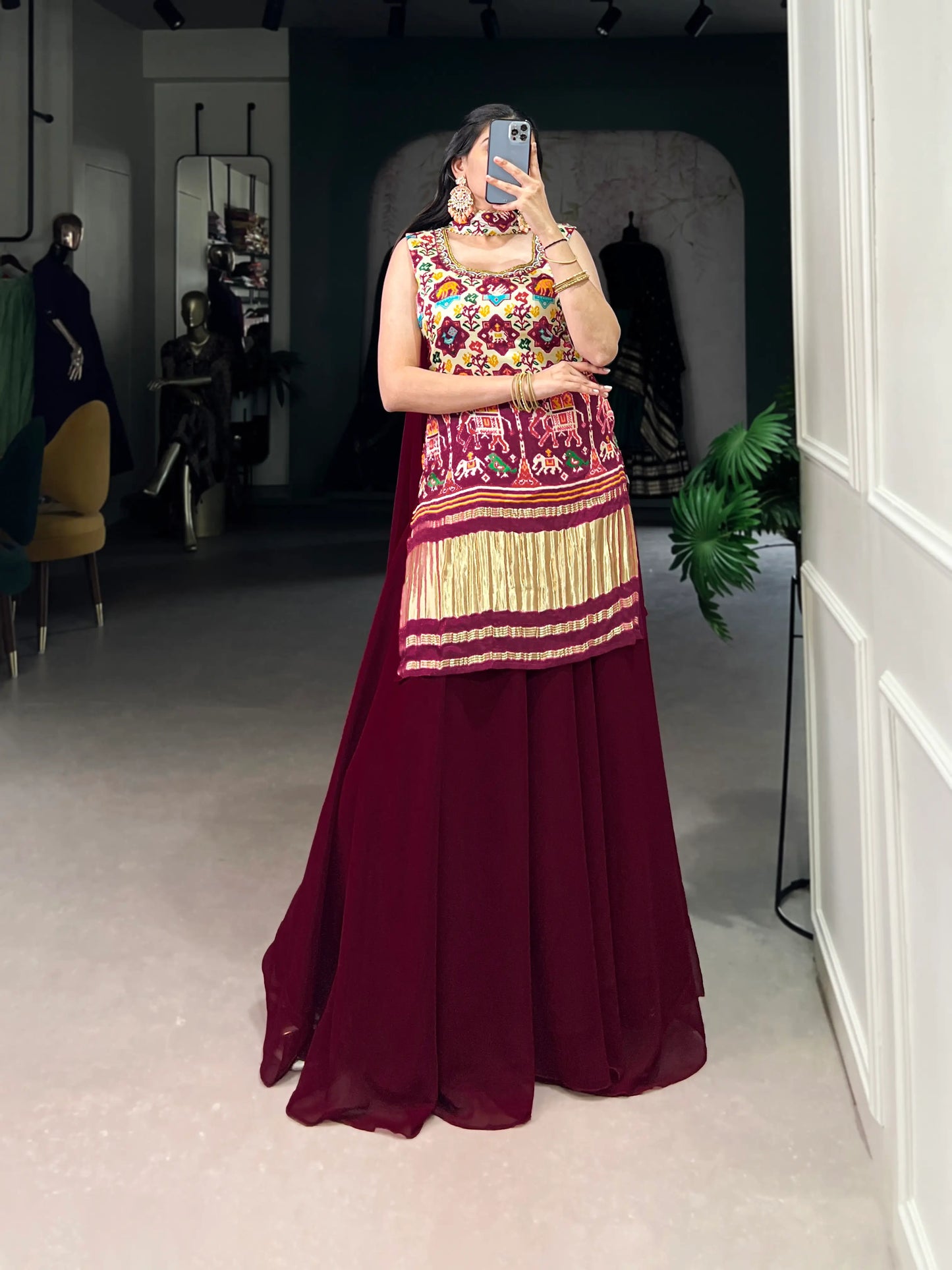 Dark Red Gaji Silk Palazzo Salwar Suit With Print & Hand Work