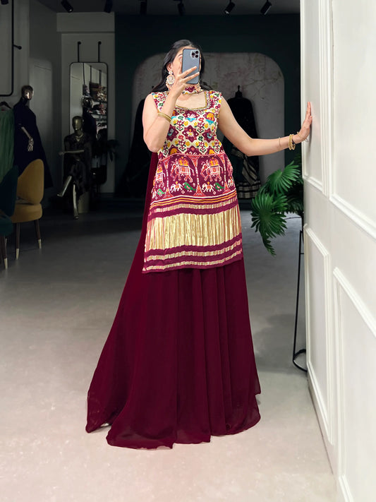 Dark Red Gaji Silk Palazzo Salwar Suit With Print & Hand Work