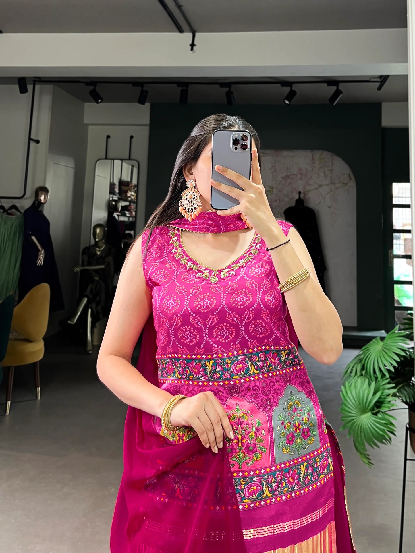 Dark Pink Gaji Silk Palazzo Salwar Suit With Print & Hand Work