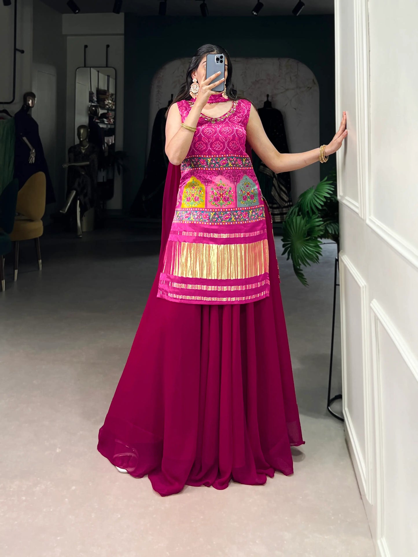 Dark Pink Gaji Silk Palazzo Salwar Suit With Print & Hand Work