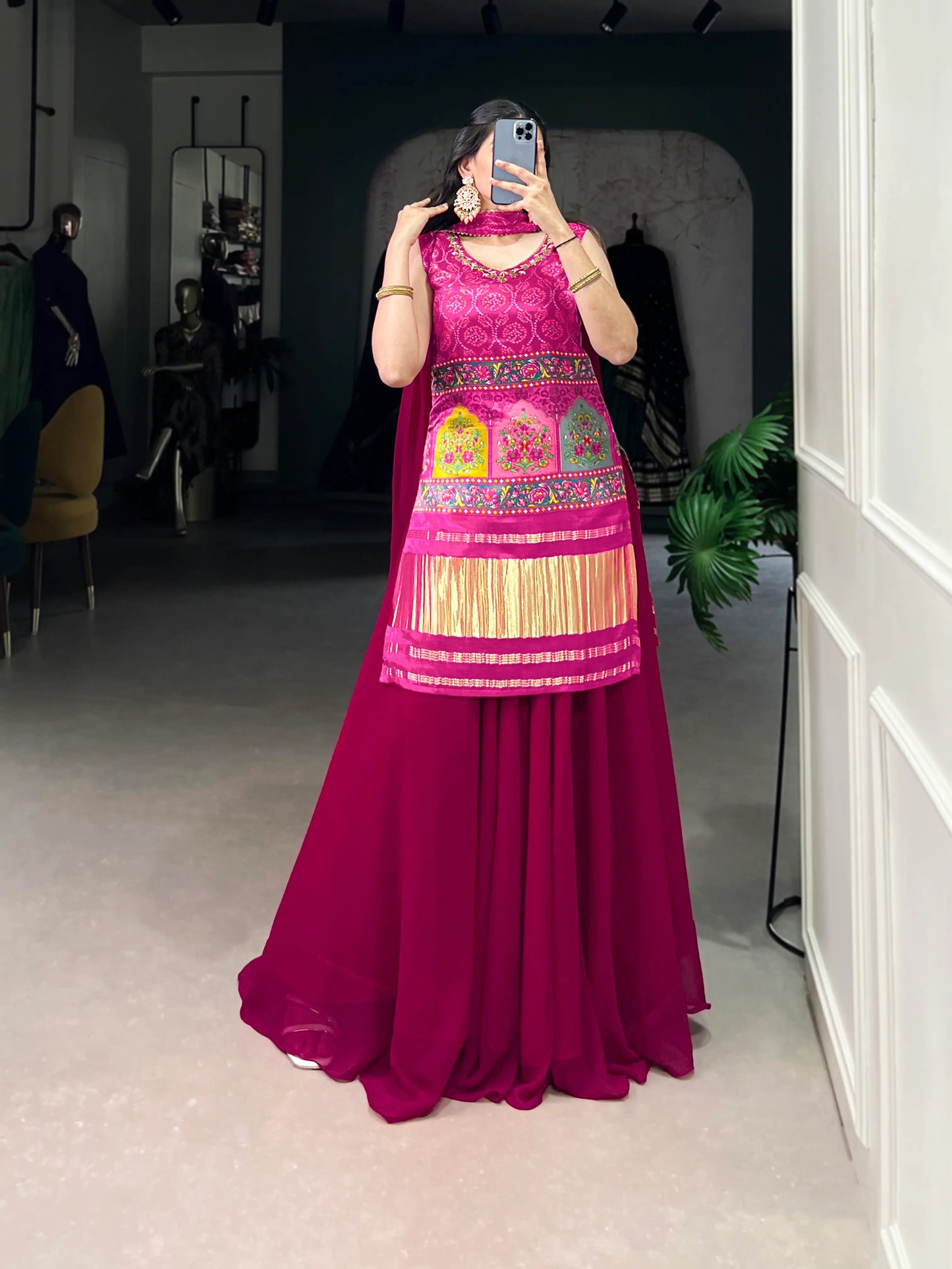 Dark Pink Gaji Silk Palazzo Salwar Suit With Print & Hand Work