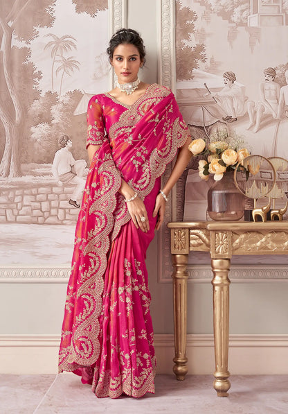 Pinkish Red Zari Tissue Hand Work & Heavy Cut Work Saree