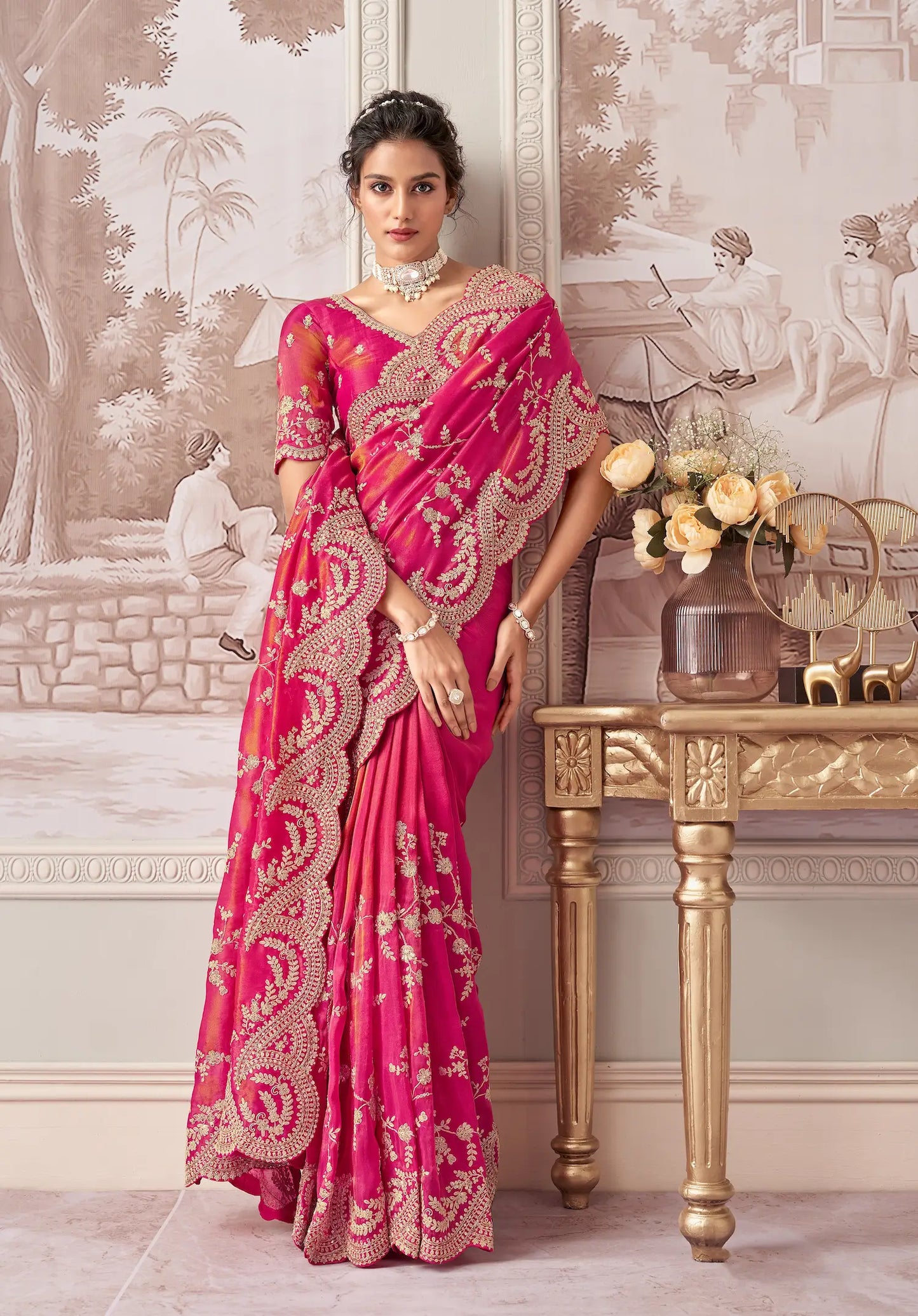 Pinkish Red Zari Tissue Hand Work & Heavy Cut Work Saree