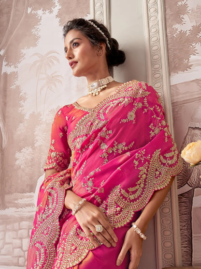 Pinkish Red Zari Tissue Hand Work & Heavy Cut Work Saree