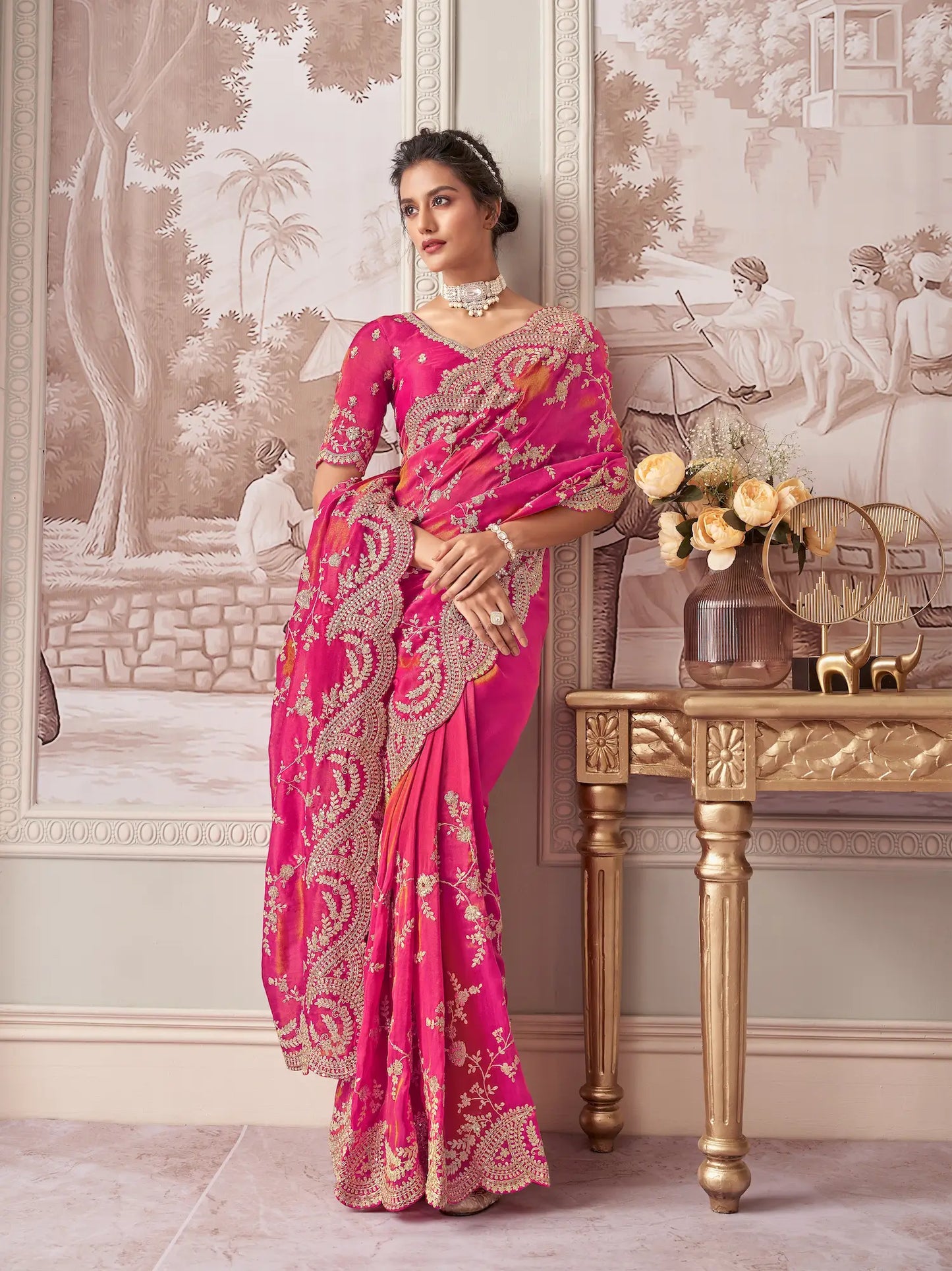 Pinkish Red Zari Tissue Hand Work & Heavy Cut Work Saree