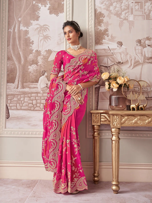 Pinkish Red Zari Tissue Hand Work & Heavy Cut Work Saree