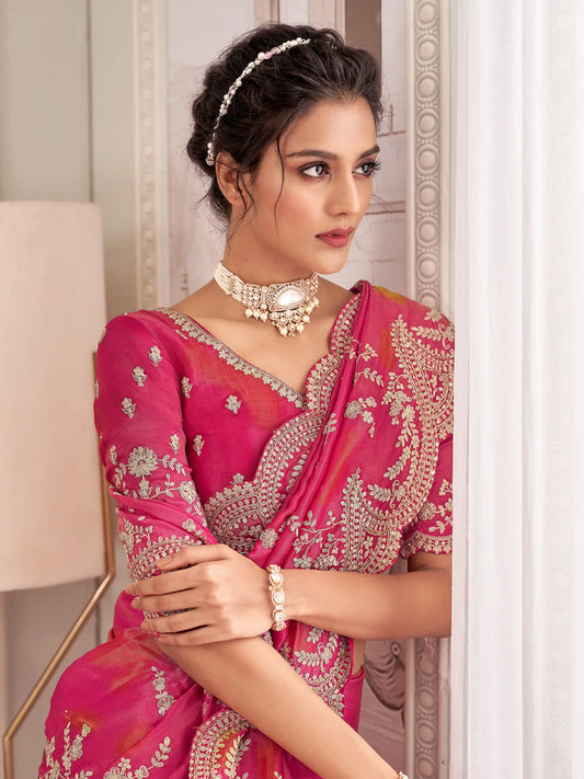 Pinkish Red Zari Tissue Hand Work & Heavy Cut Work Saree