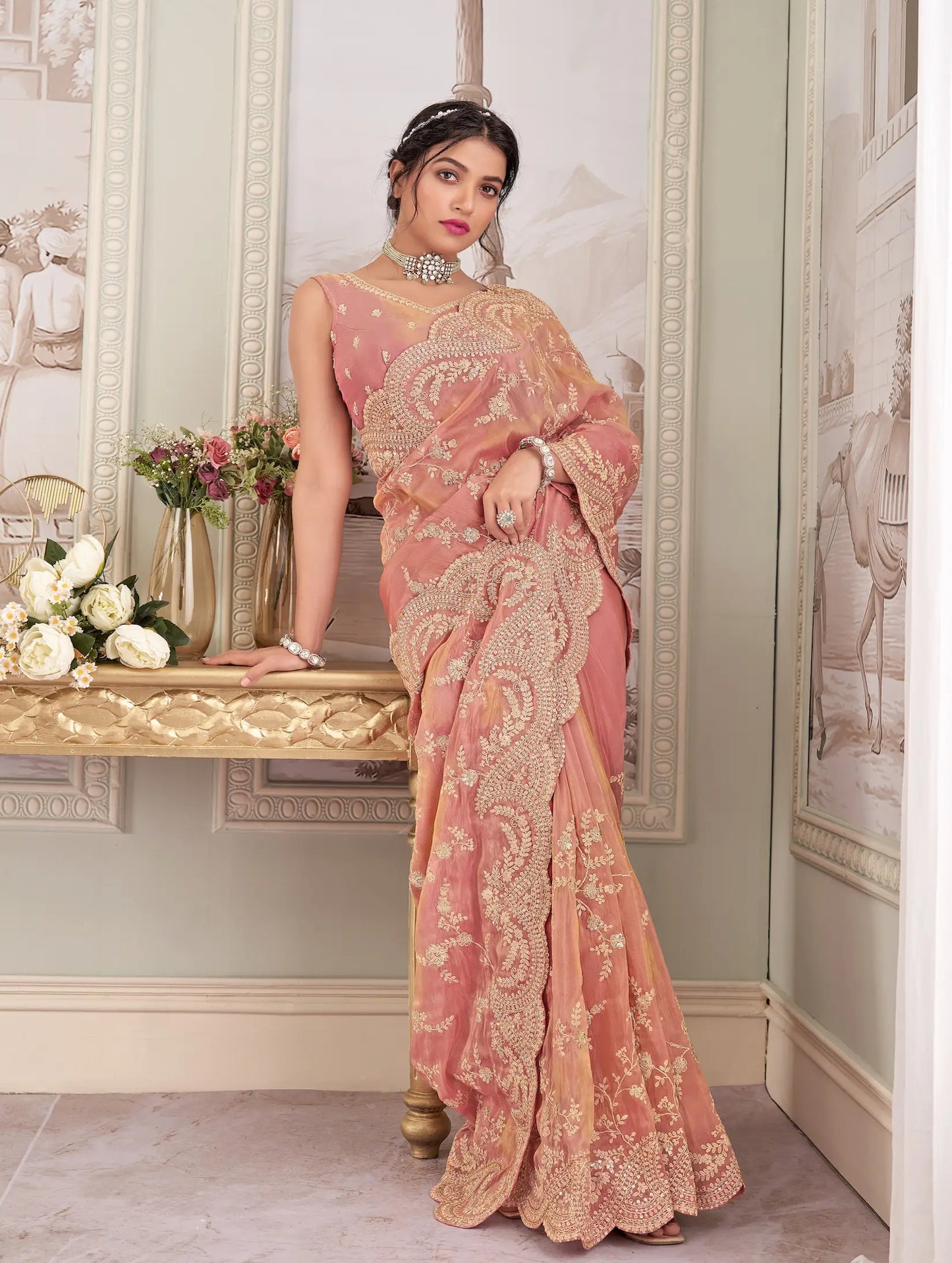 Peach Pink Zari Tissue Hand Work & Heavy Cut Work Saree