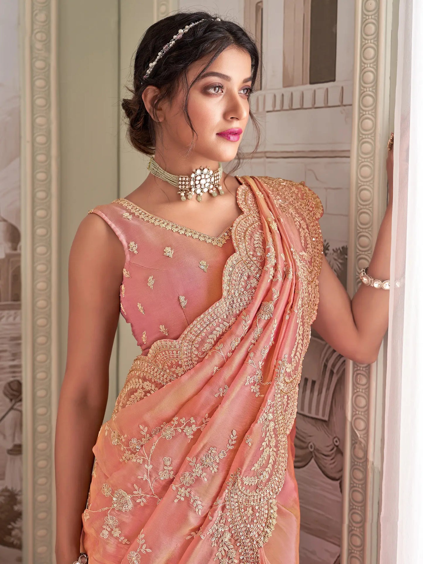 Peach Pink Zari Tissue Hand Work & Heavy Cut Work Saree