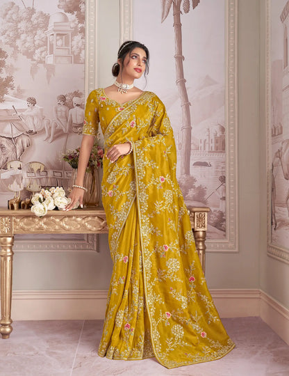 Honey Yellow Zari Tissue Hand Work & Heavy Cut Work Saree