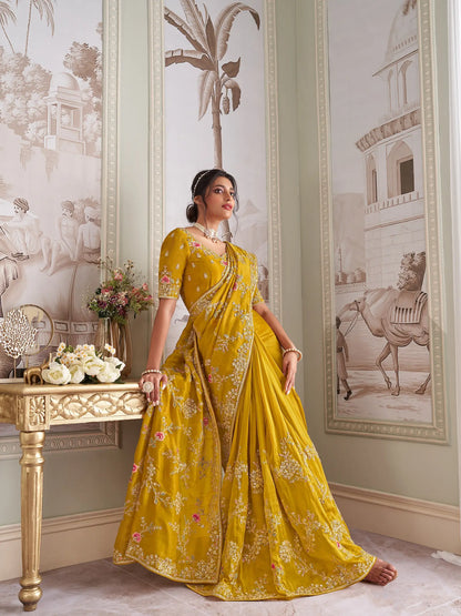 Honey Yellow Zari Tissue Hand Work & Heavy Cut Work Saree