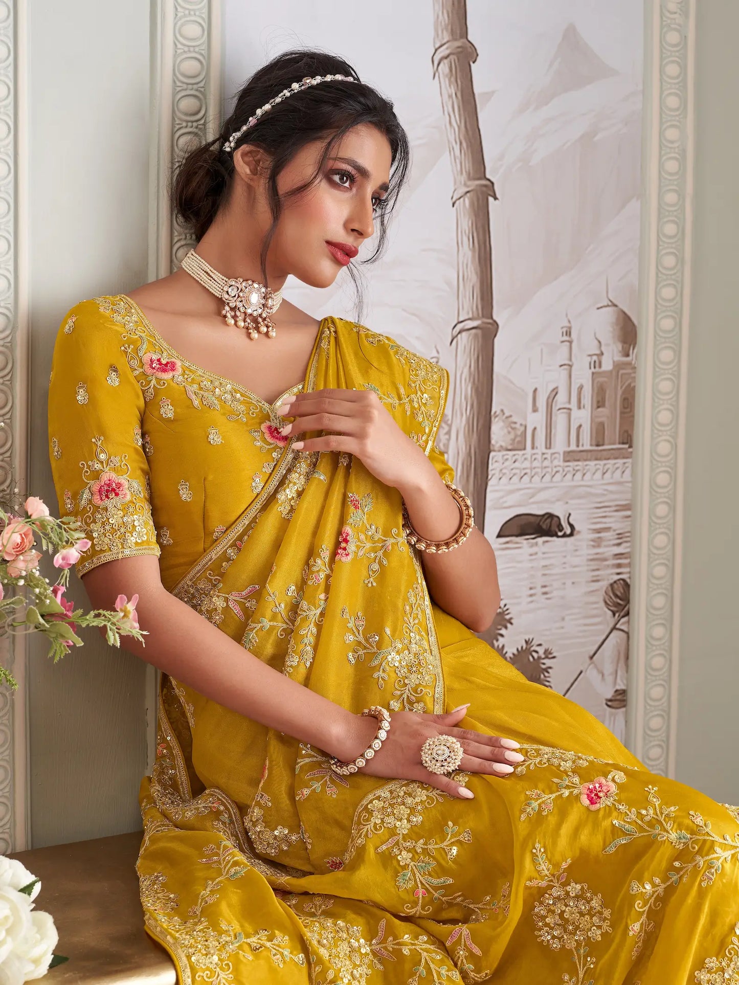 Honey Yellow Zari Tissue Hand Work & Heavy Cut Work Saree