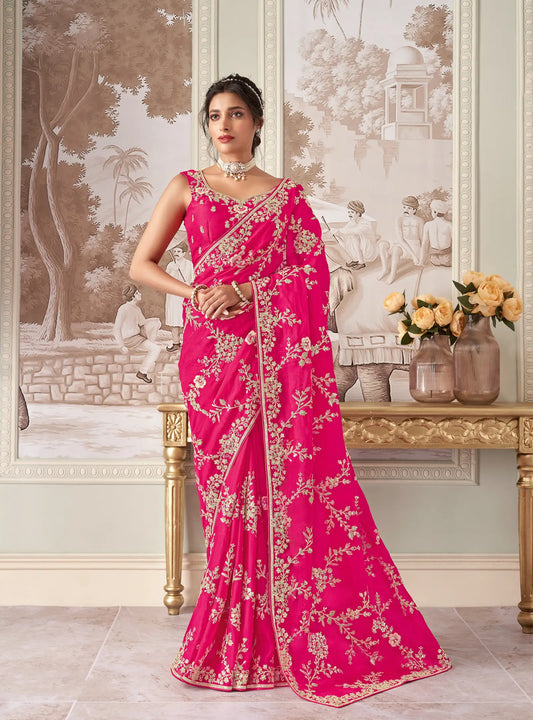 Hot Pink Organza Hand Work & Heavy Cut Work Saree