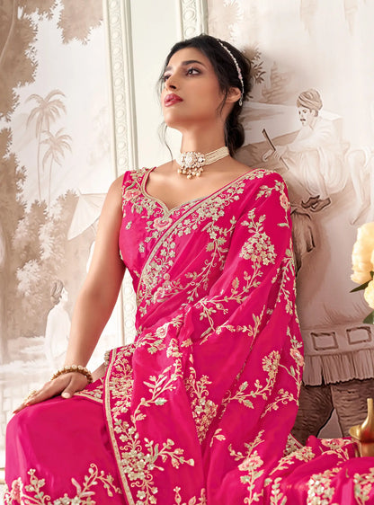 Hot Pink Organza Hand Work & Heavy Cut Work Saree
