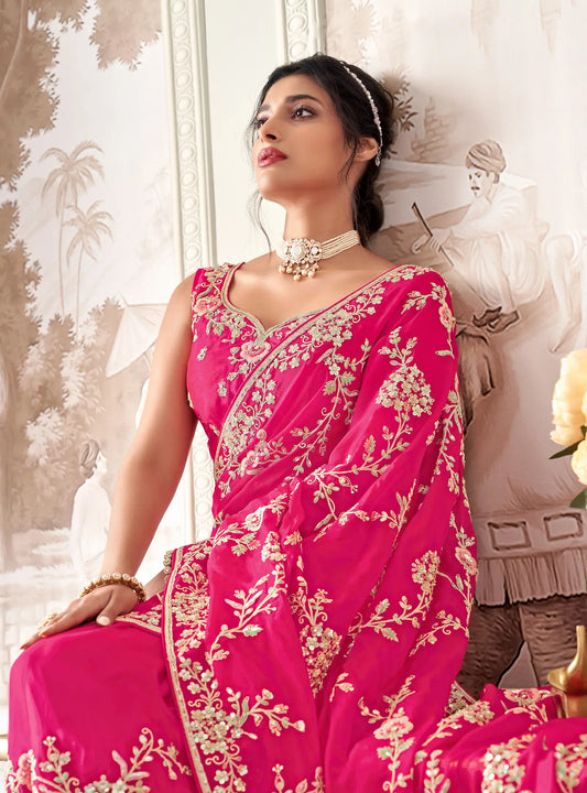 Hot Pink Organza Hand Work & Heavy Cut Work Saree