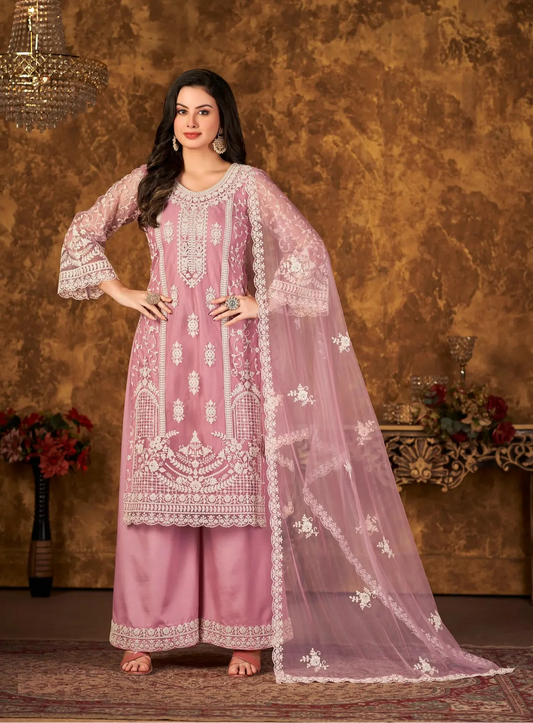 Light Pink Net Salwar Suit With Thread & Sequence Embroidery Work