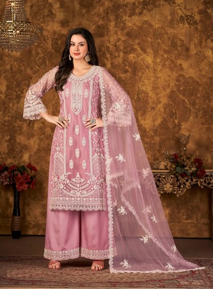 Light Pink Net Salwar Suit With Thread & Sequence Embroidery Work