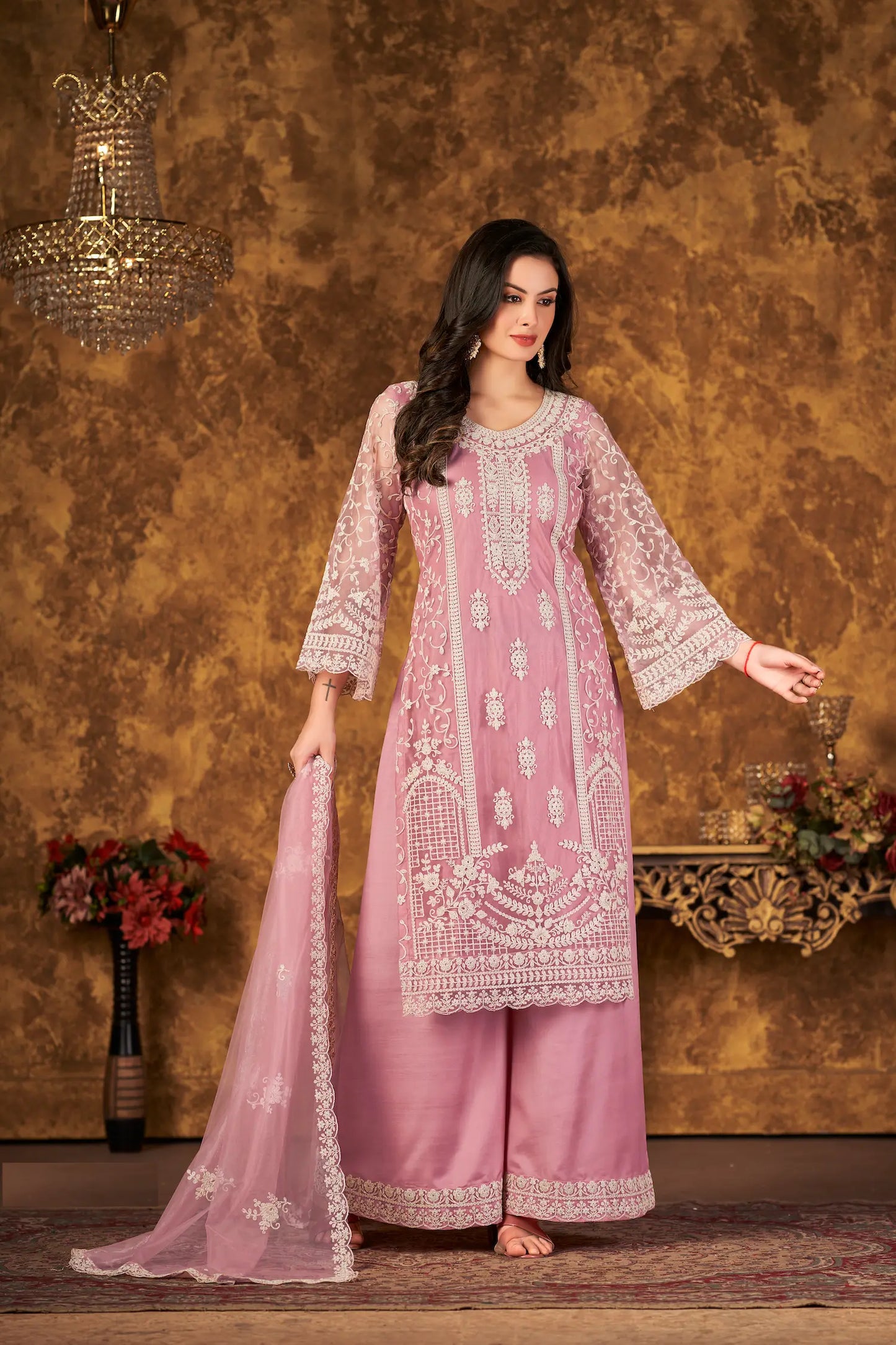 Light Pink Net Salwar Suit With Thread & Sequence Embroidery Work