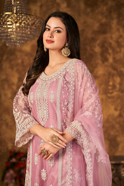 Light Pink Net Salwar Suit With Thread & Sequence Embroidery Work