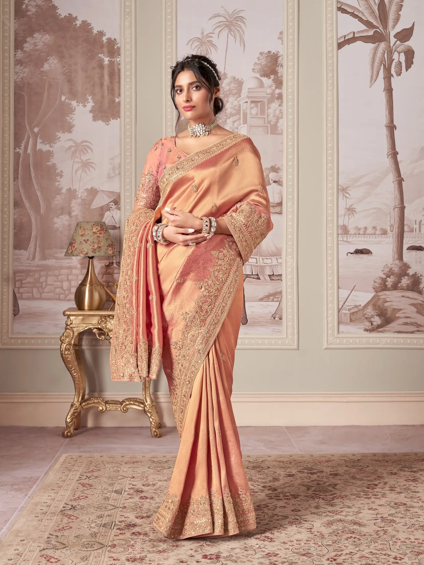 Peach Jacquard Silk Hand Work & Heavy Cut Work Saree