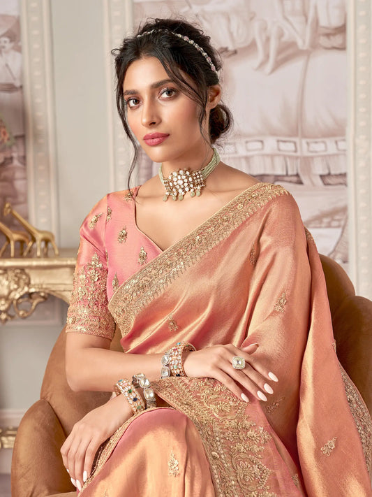 Peach Jacquard Silk Hand Work & Heavy Cut Work Saree