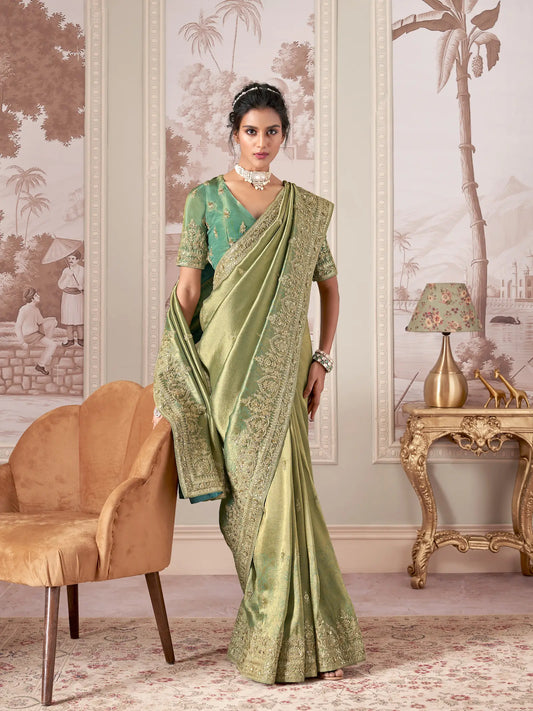 Sea Green Jacquard Silk Hand Work & Heavy Cut Work Saree