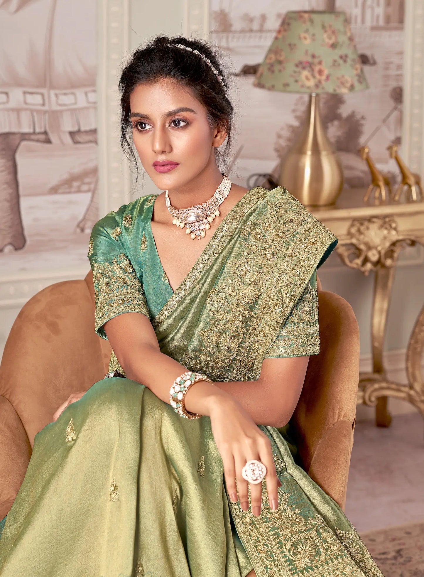 Sea Green Jacquard Silk Hand Work & Heavy Cut Work Saree